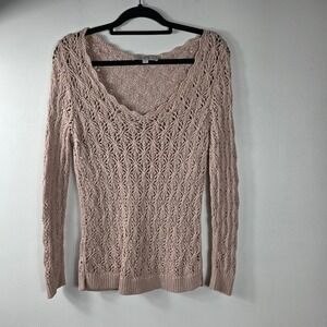 LOFT Pink Crochet Knit‎ V Neck Long Sleeve Sweater Top Size S Lightweight